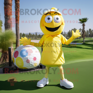 Yellow Golf Ball mascot costume character dressed with a Flare Jeans and Foot pads
