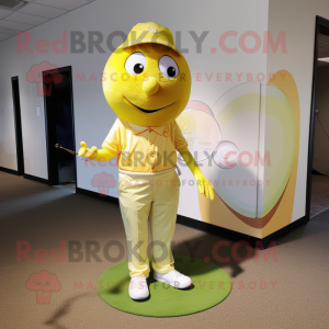 Yellow Golf Ball mascot costume character dressed with a Flare Jeans and Foot pads