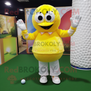 Yellow Golf Ball mascot costume character dressed with a Flare Jeans and Foot pads