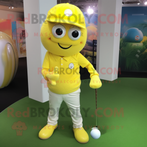 Yellow Golf Ball mascot costume character dressed with a Flare Jeans and Foot pads