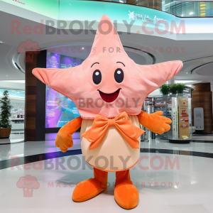 Peach Starfish mascot costume character dressed with a T-Shirt and Scarves