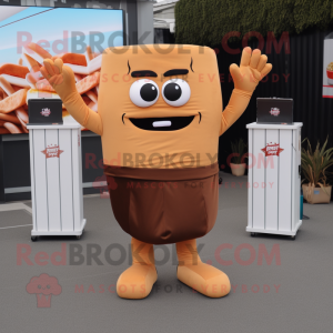Brown French Fries mascot costume character dressed with a Sweatshirt and Clutch bags