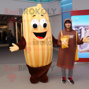 Brown French Fries mascot costume character dressed with a Sweatshirt and Clutch bags