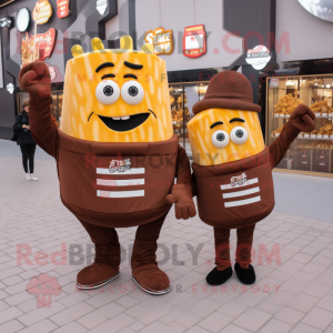 Brown French Fries mascot costume character dressed with a Sweatshirt and Clutch bags