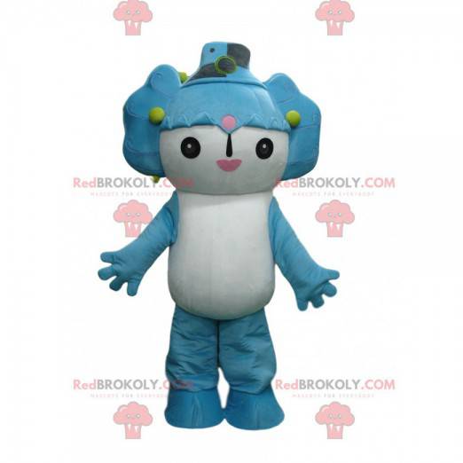 Wit en blauw mangakaraktermascotte, mangakostuum -