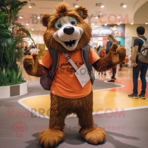 Rust Sloth Bear mascot costume character dressed with a Polo Tee and Backpacks