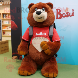 Rust Sloth Bear mascot costume character dressed with a Polo Tee and Backpacks