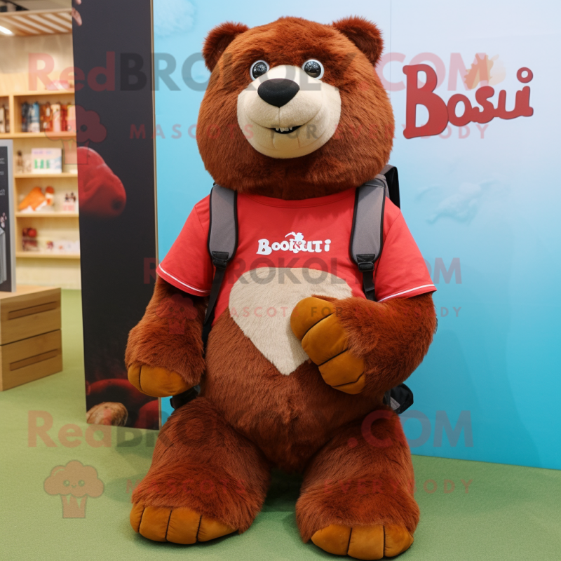 Rust Sloth Bear mascot costume character dressed with a Polo Tee and Backpacks Rust Sloth Bear mascot costume character dressed with a Polo Tee and Backpacks