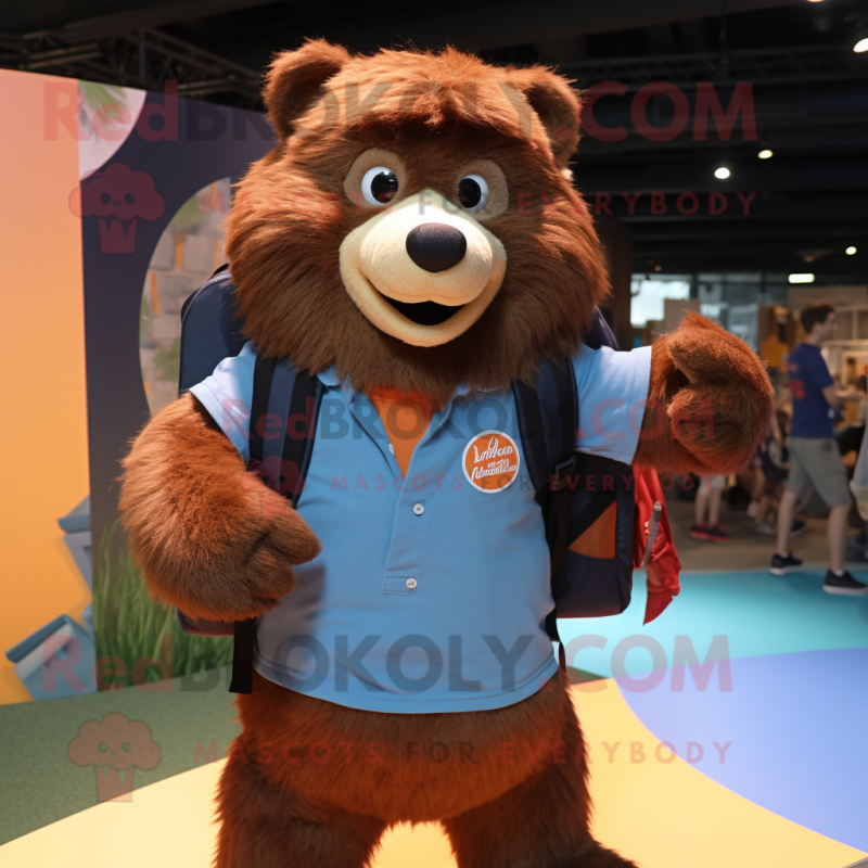 Rust Sloth Bear mascot costume character dressed with a Polo Tee and Backpacks Rust Sloth Bear mascot costume character dressed with a Polo Tee and Backpacks