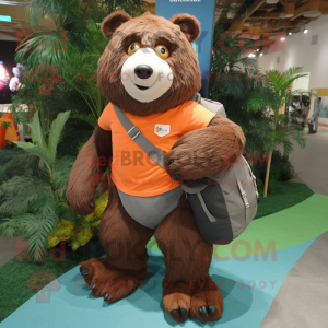 Rust Sloth Bear mascot costume character dressed with a Polo Tee and Backpacks