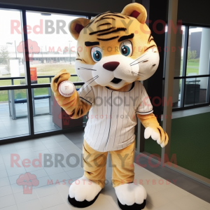 Beige Tiger mascot costume character dressed with a Baseball Tee and Scarf clips