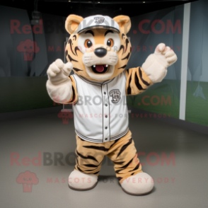 Beige Tiger mascot costume character dressed with a Baseball Tee and Scarf clips