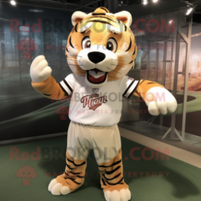 Beige Tiger mascot costume character dressed with a Baseball Tee and Scarf clips