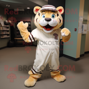 Beige Tiger mascot costume character dressed with a Baseball Tee and Scarf clips