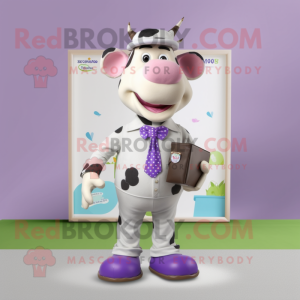 Lavender Holstein Cow mascot costume character dressed with a Romper and Pocket squares