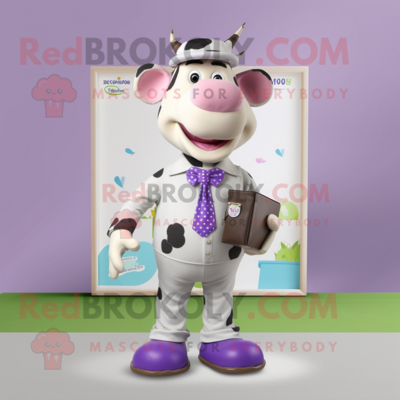 Lavender Holstein Cow mascot costume character dressed with a Romper and Pocket squares Lavender Holstein Cow mascot costume character dressed with a Romper and Pocket squares