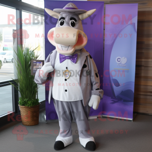 Lavender Holstein Cow mascot costume character dressed with a Romper and Pocket squares