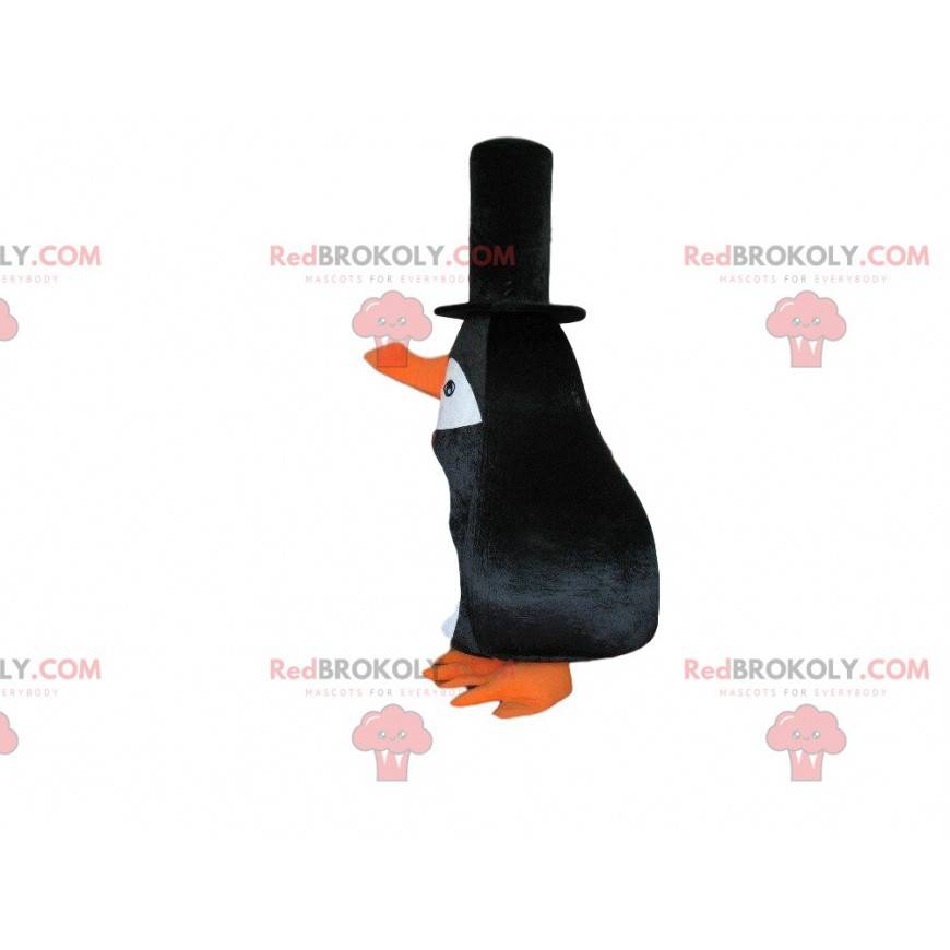 Maskot tučňáka, kostým černého ptáka s dlouhým zobákem -