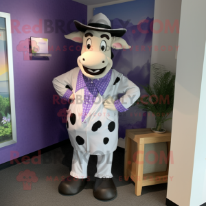 Lavender Holstein Cow mascot costume character dressed with a Romper and Pocket squares