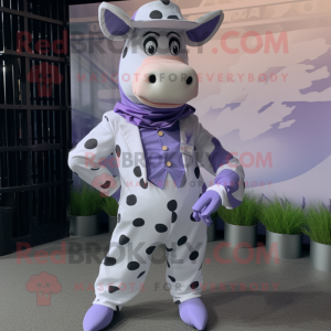 Lavender Holstein Cow mascot costume character dressed with a Romper and Pocket squares