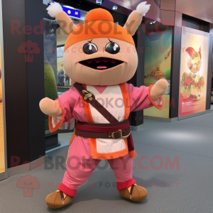 Peach Samurai mascot costume character dressed with a Corduroy Pants and Necklaces