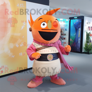 Peach Samurai mascot costume character dressed with a Corduroy Pants and Necklaces