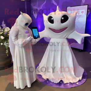 Lavender Manta Ray mascot costume character dressed with a Wedding Dress and Smartwatches