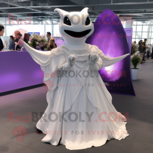 Lavender Manta Ray mascot costume character dressed with a Wedding Dress and Smartwatches