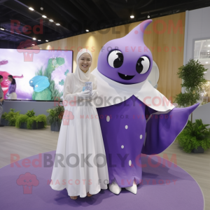 Lavender Manta Ray mascot costume character dressed with a Wedding Dress and Smartwatches