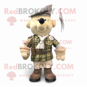 Cream Army Soldier mascot costume character dressed with a Flannel Shirt and Necklaces