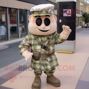 Cream Army Soldier mascot costume character dressed with a Flannel Shirt and Necklaces