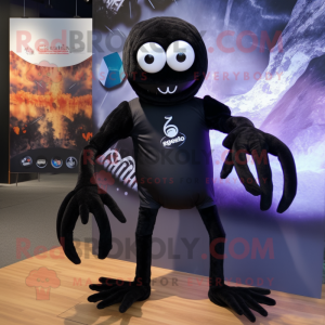 Black Spider mascot costume character dressed with a Rash Guard and Shoe laces
