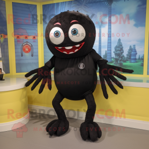 Black Spider mascot costume character dressed with a Rash Guard and Shoe laces