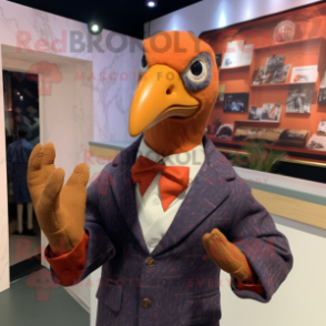 Rust Guinea Fowl mascot costume character dressed with a Blazer and Mittens