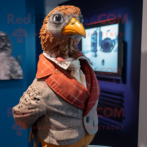 Rust Guinea Fowl mascot costume character dressed with a Blazer and Mittens