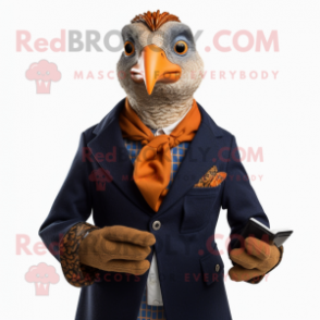 Rust Guinea Fowl mascot costume character dressed with a Blazer and Mittens