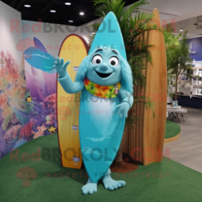 Turquoise Surfboard mascot costume character dressed with a Maxi Dress and Handbags