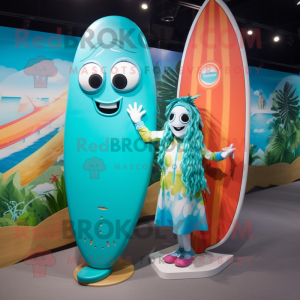 Turquoise Surfboard mascot costume character dressed with a Maxi Dress and Handbags