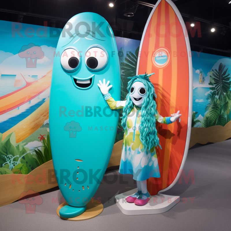 Turquoise Surfboard mascot costume character dressed with a Maxi Dress and Handbags