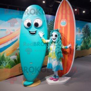 Turquoise Surfboard mascot costume character dressed with a Maxi Dress and Handbags