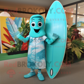 Turquoise Surfboard mascot costume character dressed with a Maxi Dress and Handbags