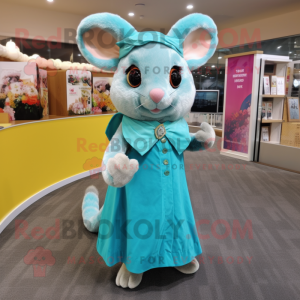 Turquoise Dormouse mascot costume character dressed with a A-Line Dress and Scarves