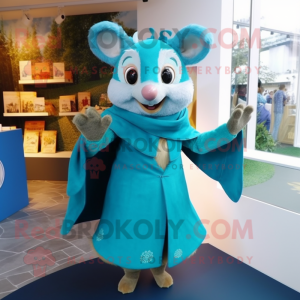 Turquoise Dormouse mascot costume character dressed with a A-Line Dress and Scarves