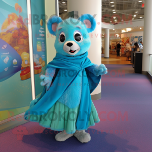 Turquoise Dormouse mascot costume character dressed with a A-Line Dress and Scarves