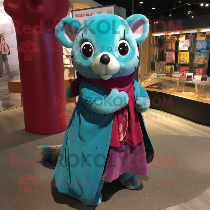 Turquoise Dormouse mascot costume character dressed with a A-Line Dress and Scarves