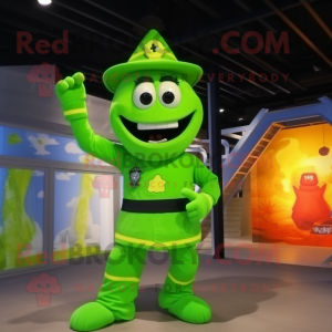 Lime Green Fire Fighter mascot costume character dressed with a Swimwear and Shoe clips