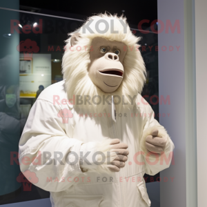 White Orangutan mascot costume character dressed with a Jacket and Gloves