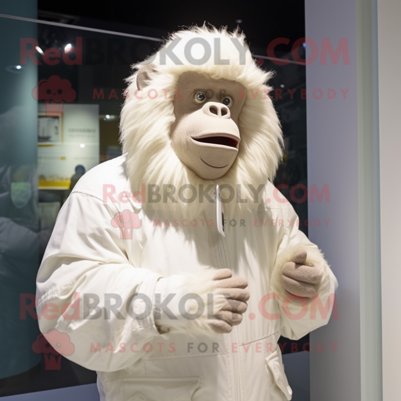 White Orangutan mascot costume character dressed with a Jacket and Gloves White Orangutan mascot costume character dressed with a Jacket and Gloves