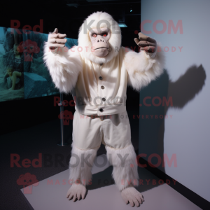 White Orangutan mascot costume character dressed with a Jacket and Gloves