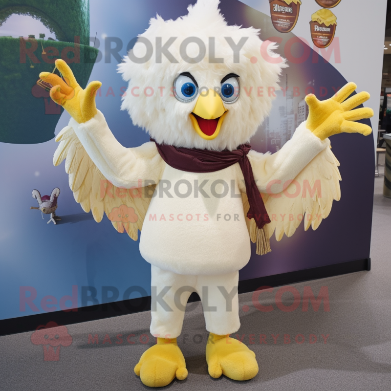 Cream Harpy mascot costume character dressed with a Flare Jeans and Cummerbunds